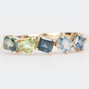 NEW Teal & Sapphire Cluster Band 14K Gold Ring Size 6